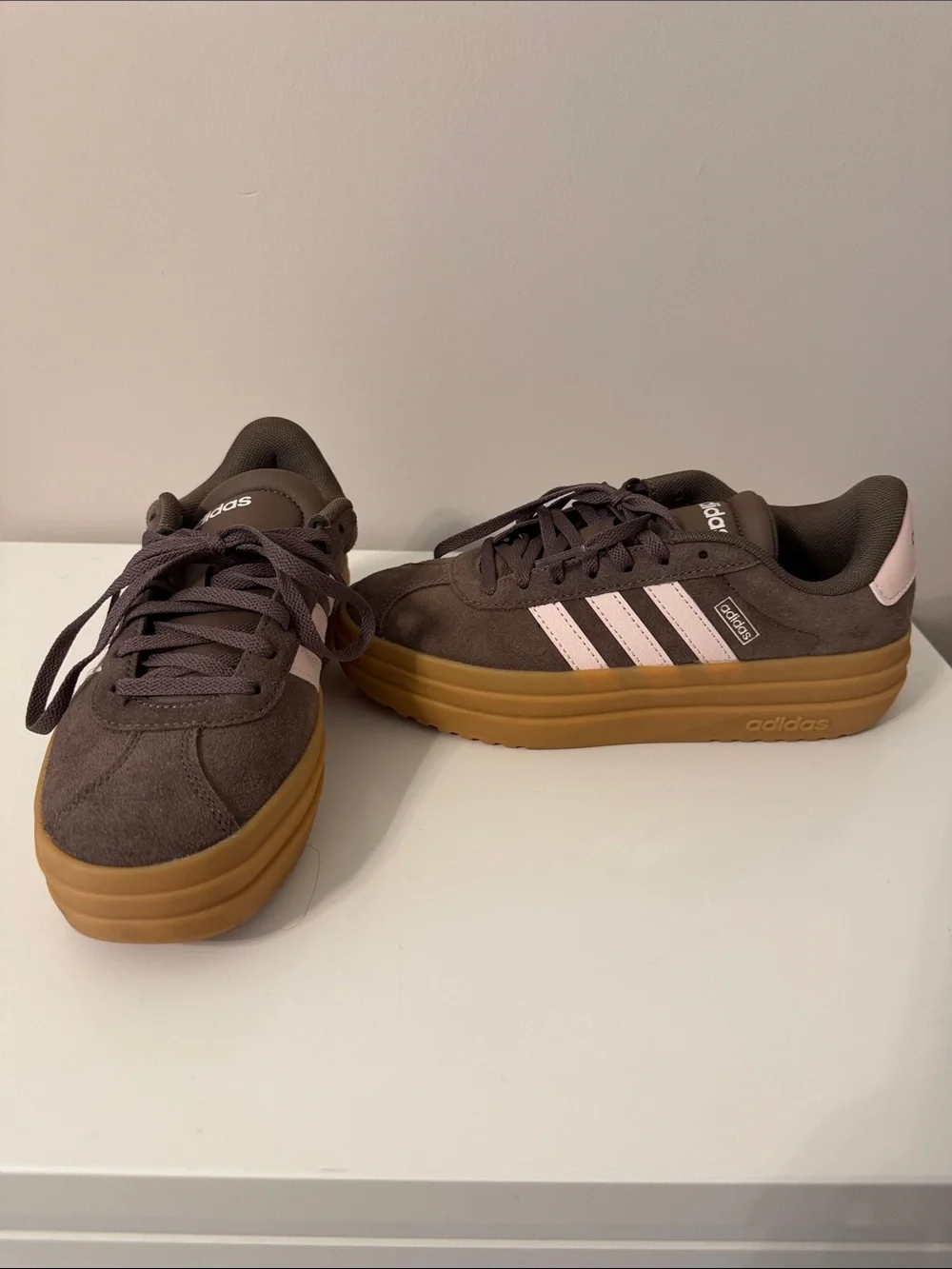 adidas Women’s Brown Suede Platform Sneakers with Pink Stripes and Gum Sole.
